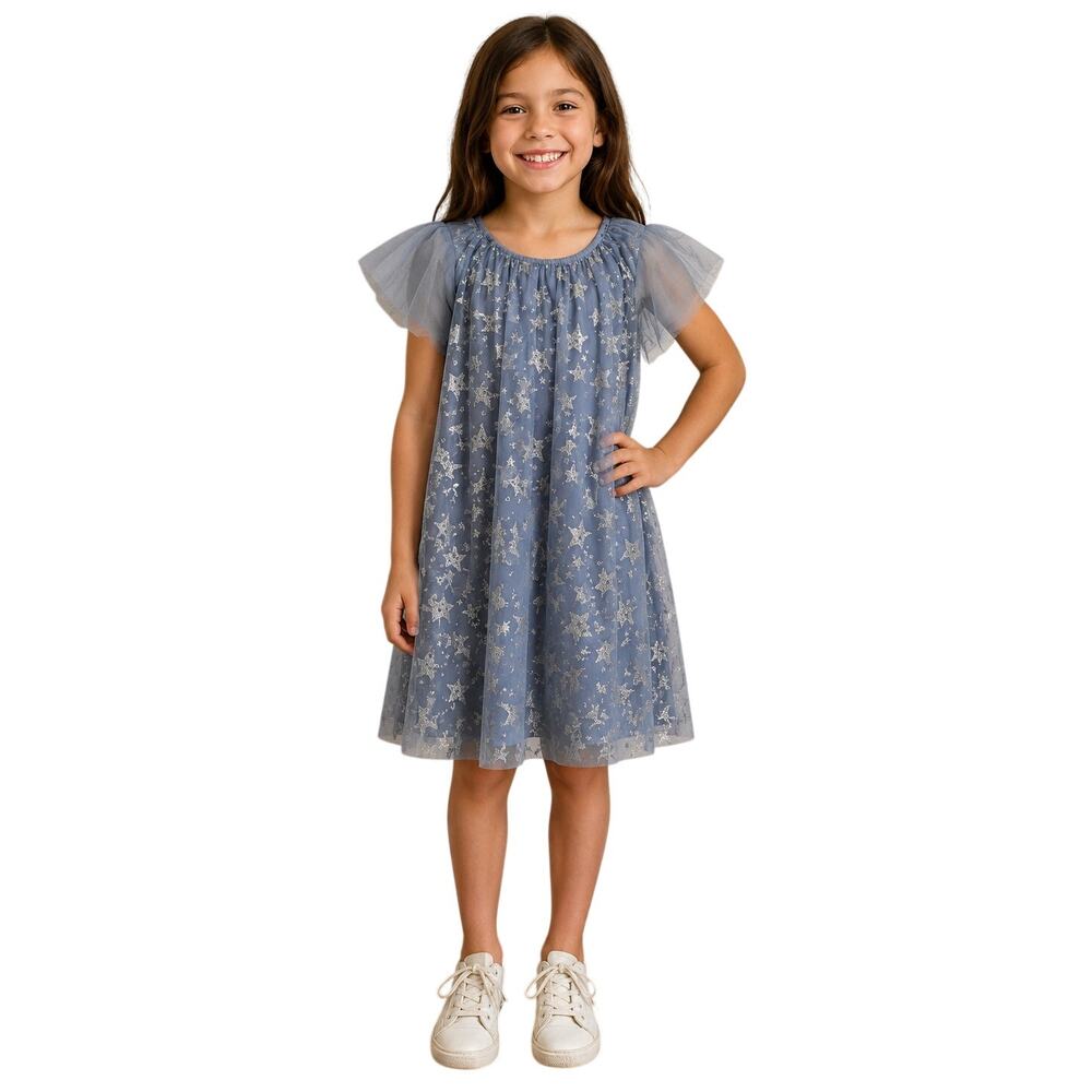 Epic Threads Girls Large Blue Glitter Star Tulle Dress Flutter Sleeve Party L